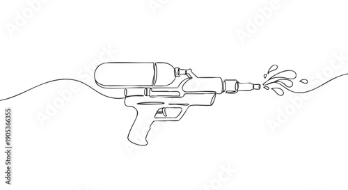 Minimalist continuous line drawing depicts a classic water gun actively firing playful water droplets, creating a dynamic and simple artistic illustration