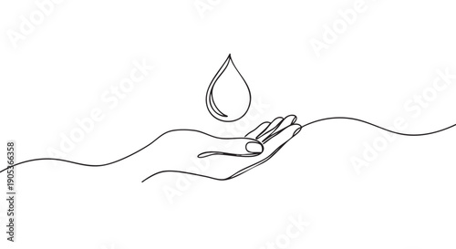 Continuous line art illustration depicts a hand gently cupping a single water drop, symbolizing care, purity, and environmental conservation in a minimalist style