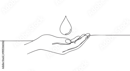 Minimalist continuous line art drawing of a cupped hand receiving a single water droplet, symbolizing care, purity, and conservation with a clean aesthetic