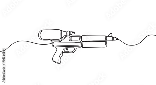 Continuous line drawing of a futuristic sci-fi blaster, depicted with a sleek, minimalist design and a flowing single black stroke on a clean white canvas