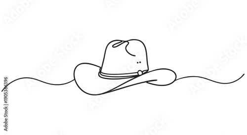 Minimalist continuous line drawing of a classic cowboy hat with a wide brim and detailed band, rendered in elegant black ink on a clean, bright composition