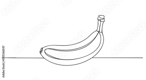 Single banana drawn in a continuous line art style, rendered with a minimalist black outline on a clean canvas, showcasing simple fruit illustration