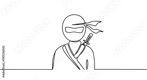 Minimalist continuous line drawing of a ninja warrior wearing a traditional mask and headband, with a katana sword visible on their back, rendered in a simple, elegant art style