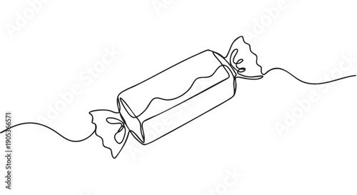 Single continuous line drawing of a wrapped candy, featuring a minimalist black outline illustration of a sweet treat with twisted ends, presented in a simple, elegant style