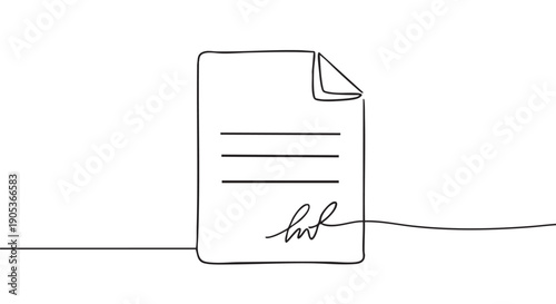 Minimalist continuous line art document with text lines and a flowing signature, symbolizing agreement and official paperwork in a modern, simple style
