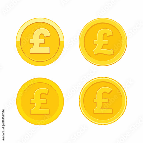Gold Pound Coin Icon Set – British Sterling GBP Currency Money Symbol Vector