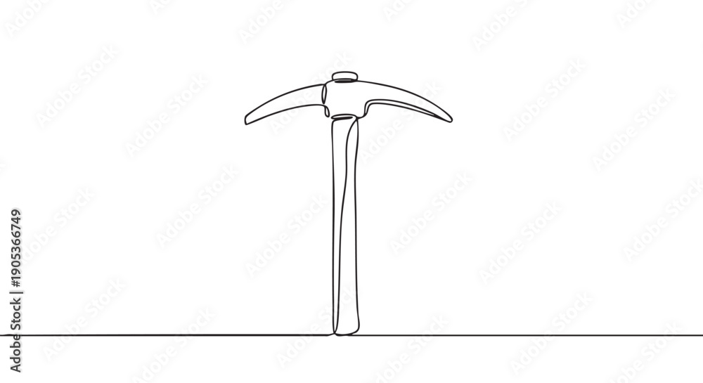 Obraz premium Minimalist continuous line art pickaxe stands upright, rendered with a single flowing stroke, conveying simplicity and an artistic, modern aesthetic