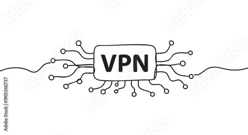 Hand-drawn black and white VPN circuit chip illustration features wavy lines and connection points, symbolizing secure network technology and digital privacy