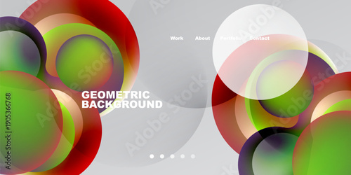 Abstract circles overlap, creating vibrant color blends. Text elements present website navigation options. Dark background enhances visual contrast.