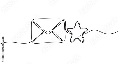 Continuous line drawing of an envelope and a star, rendered in a minimalist black and white artistic style, symbolizing communication and excellence