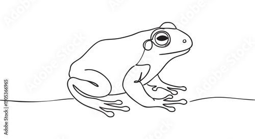 Minimalist black line art frog illustration sits calmly, showcasing a unique continuous single line drawing technique with elegant simplicity