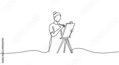 Continuous line drawing of a person with a bun creating art on an easel, depicted in a minimalist, elegant, and fluid artistic style