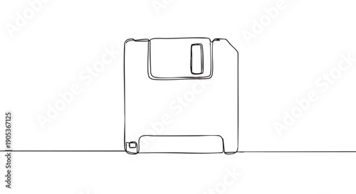Minimalist continuous line art floppy disk is depicted with a single black stroke, showcasing a retro data storage device in a clean, modern illustration style