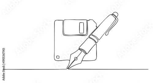 Continuous line drawing of a floppy disk and a fountain pen creating a horizontal stroke, illustrating concepts of data, writing, and creativity in a minimalist black and white style