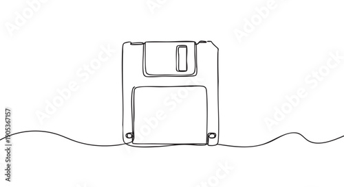 Single continuous line drawing of a retro floppy disk, symbolizing old technology, data storage, and nostalgic computing in a minimalist, artistic style