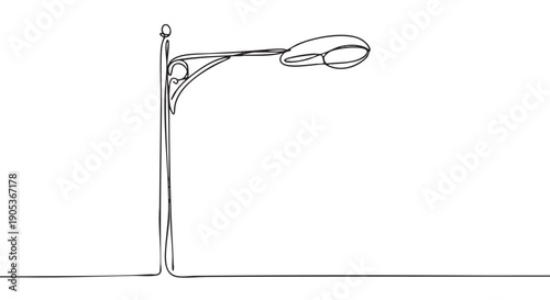Minimalist continuous line art street light with a decorative bracket and modern lamp head is elegantly drawn in a simple, artistic style
