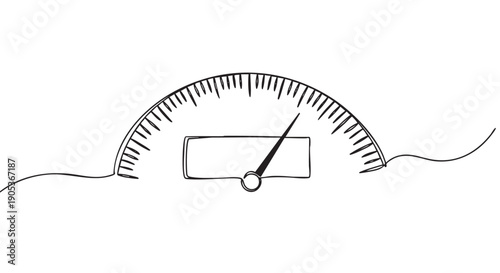 Hand-drawn continuous line art gauge with a semicircular scale and a needle pointing towards the middle-right, featuring a minimalist sketchy style illustration