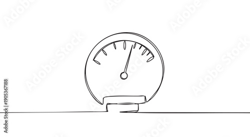 Minimalist continuous line drawing of a speed gauge with a needle pointing to the right, symbolizing high performance, measurement, and progress in a modern, abstract style