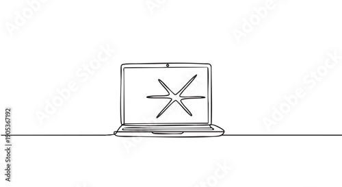 Minimalist continuous line art laptop displays a unique star-like symbol on its screen, rendered with a simple, elegant black outline on a clean white canvas