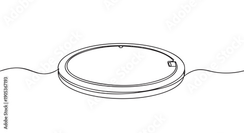 Single continuous line drawing of a round, modern robotic vacuum cleaner, depicted with a minimalist aesthetic and fluid, unbroken strokes