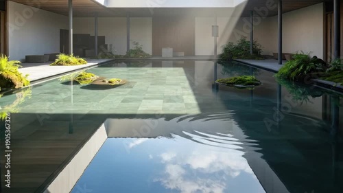 Serene Indoor Water Garden with Reflective Pools and Lush Greenery.