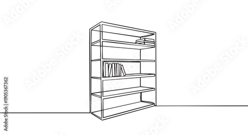 Minimalist continuous line art drawing of a bookshelf with several books on its shelves, rendered in a simple, clean, and modern graphic style