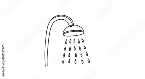 Simple hand-drawn black outline shower head with stylized water droplets falling, presented in a clean, minimalist illustration style with clear lines