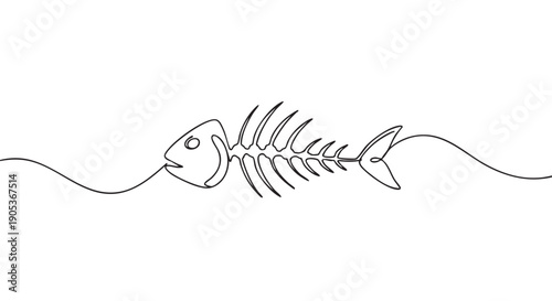 Minimalist single-line drawing of a fish skeleton, rendered with elegant simplicity and a continuous black stroke, creating a modern artistic illustration