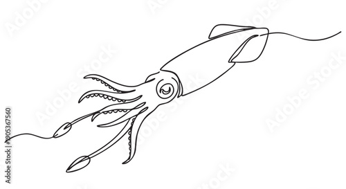 Minimalist continuous line art squid gracefully swims, depicted with elegant flowing curves and intricate tentacle details, showcasing a modern artistic style