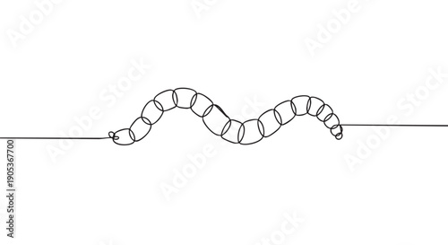 Continuous black line drawing forms a segmented worm-like shape with connected loops, illustrating a simple, minimalist, and abstract concept