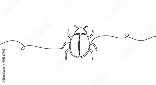 Continuous line drawing of a beetle insect, depicted with a minimalist black outline style, showcasing its distinct body shape and six legs in a simple, elegant illustration