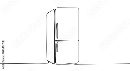 Modern two-door refrigerator is depicted in a minimalist continuous line art style, showcasing a sleek appliance with simple black outlines on a bright canvas