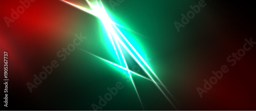 Abstract light streaks, vibrant colors blend. Green dominates, red accents create dramatic effect. Energy radiates from central point.