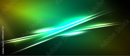 Abstract vibrant lines intersect over green, yellow gradients. Dark borders frame luminous energy streaks. Modern digital art.