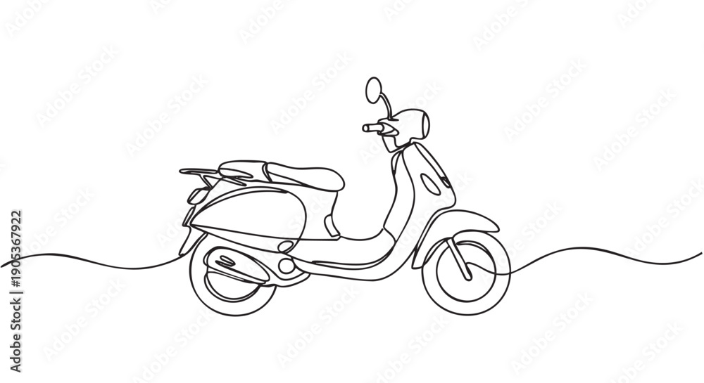Fototapeta premium Stylish black line art scooter is depicted in a continuous single stroke drawing, showcasing its classic design with elegant simplicity from a side profile perspective