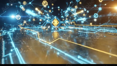 Digital Bitcoin Network Blockchain Technology with Glowing Lines and Cryptocurrency Symbols.