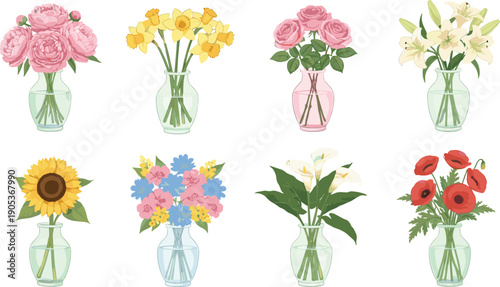 Flower bouquet in glass vase collection with roses lilies tulips sunflowers and wildflowers isolated on white background watercolor vector illustration set