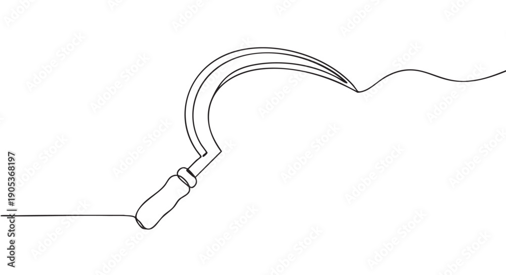 Obraz premium Single continuous line drawing of a traditional sickle with a curved blade and handle, extending into a wavy line, rendered in a minimalist black and white style