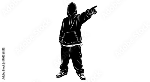 Silhouette of a person in a hoodie pointing forward 1.