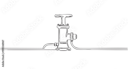 Continuous line drawing of a fire hydrant with pipes, rendered in a minimalist black and white artistic style, showcasing its industrial design