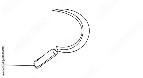 Simple continuous line drawing of a sickle with a curved blade and handle, rendered in a clean, minimalist style with smooth black lines