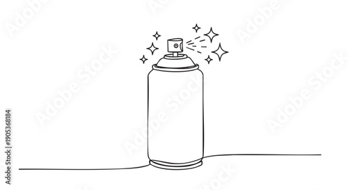 Simple hand-drawn black and white spray can is depicted actively spraying with star-like bursts, rendered in a clean, continuous line art doodle style