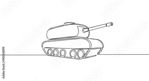 Simple continuous line drawing of a military tank with a long barrel and visible wheels, depicted in a minimalist, illustrative style from an angled perspective