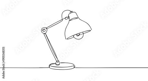 Minimalist continuous line drawing of an adjustable desk lamp, rendered with a single flowing black stroke on a clean white surface, conveying simplicity and modern design
