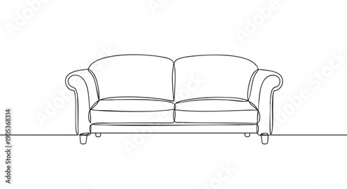 Minimalist continuous line art two-seater sofa is elegantly drawn with a single black stroke, showcasing its simple, modern design and rounded contours in a clean, artistic illustration