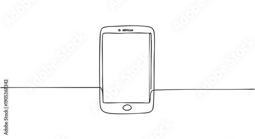 Minimalist continuous line drawing smartphone is depicted upright with a blank screen and home button, showcasing a modern, simple illustration style