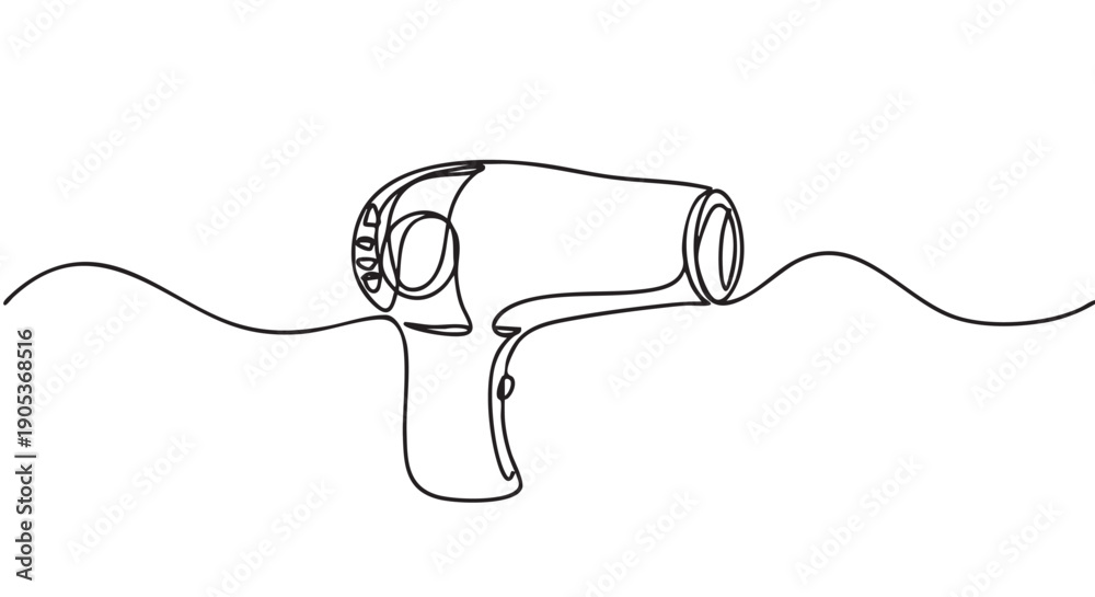 Obraz premium Minimalist continuous line art hair dryer is depicted with a single flowing black stroke, creating a modern and simple illustration with wavy lines extending horizontally