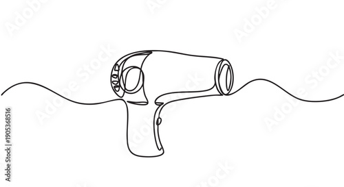 Minimalist continuous line art hair dryer is depicted with a single flowing black stroke, creating a modern and simple illustration with wavy lines extending horizontally