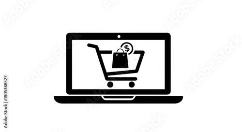 Online shopping experience depicted on a laptop screen showcasing a shopping cart with a bag and discount offer