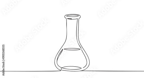 Single continuous line drawing of a laboratory flask containing liquid, rendered in a minimalist artistic style with clean black lines, conveying a sense of scientific simplicity and discovery